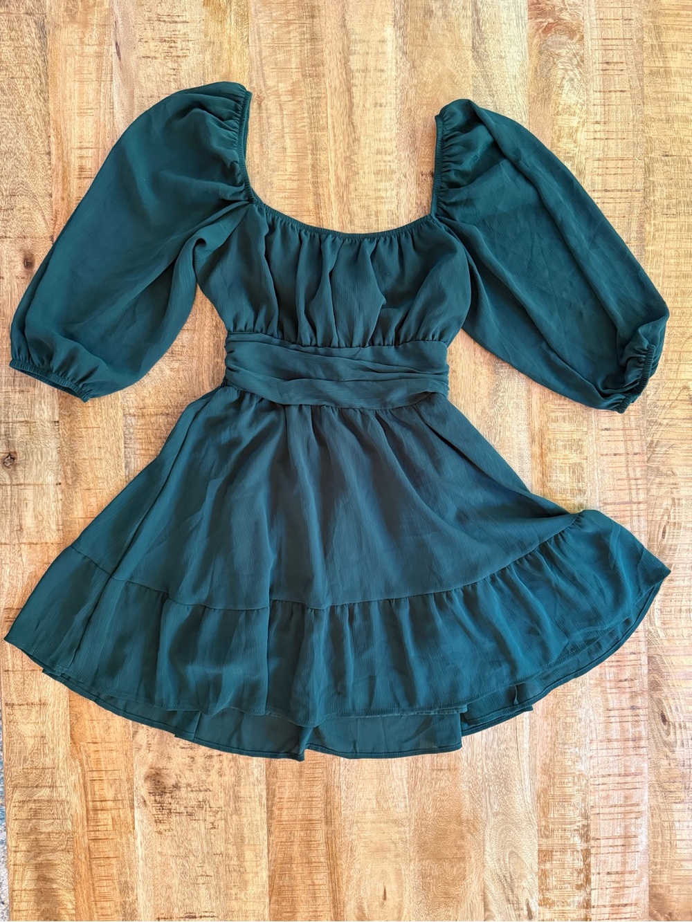 EXLURA Emerald Green Puff Sleeve Tie Back Mini Dress Size Small